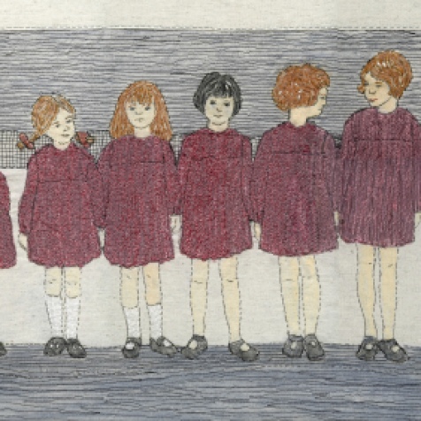 Study for 6 Little Girls 2018 for Collected Memories machine/hand stitch, ink pencils and paint.