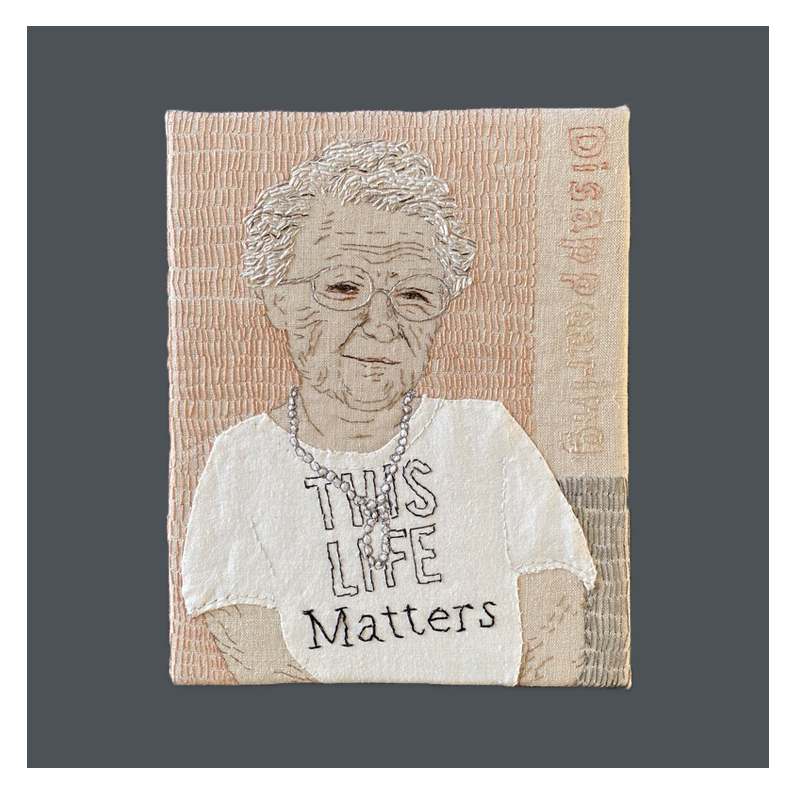 Disappearing - a portrait of a woman with Alzheimers - hand stitch